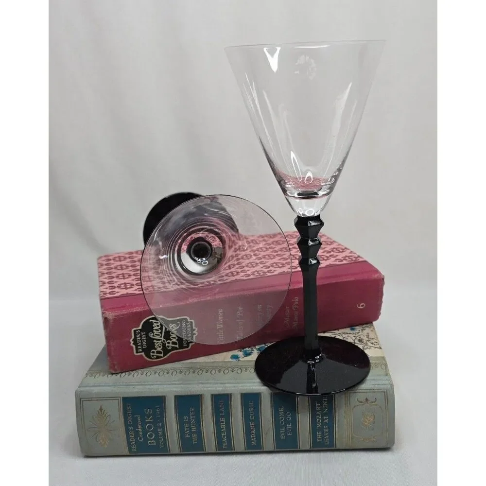 Vintage Sasaki Black Tie Crystal Martini Glasses | Pair | Black Geometric Stem